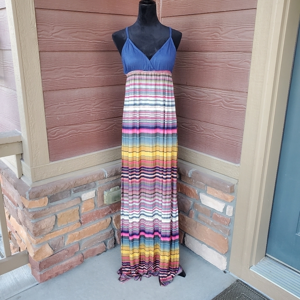NWT LA Made Empire Waist Cami Maxi Dress Blue Striped Women's Size Large